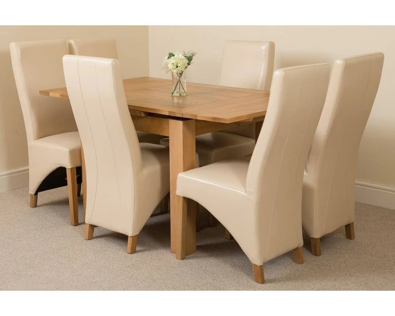 Image of Thats Furniture Richmond 90-150cm Square Oak Extending Dining Table + 6 Lola Leather Chairs in Cream Cream Unisex