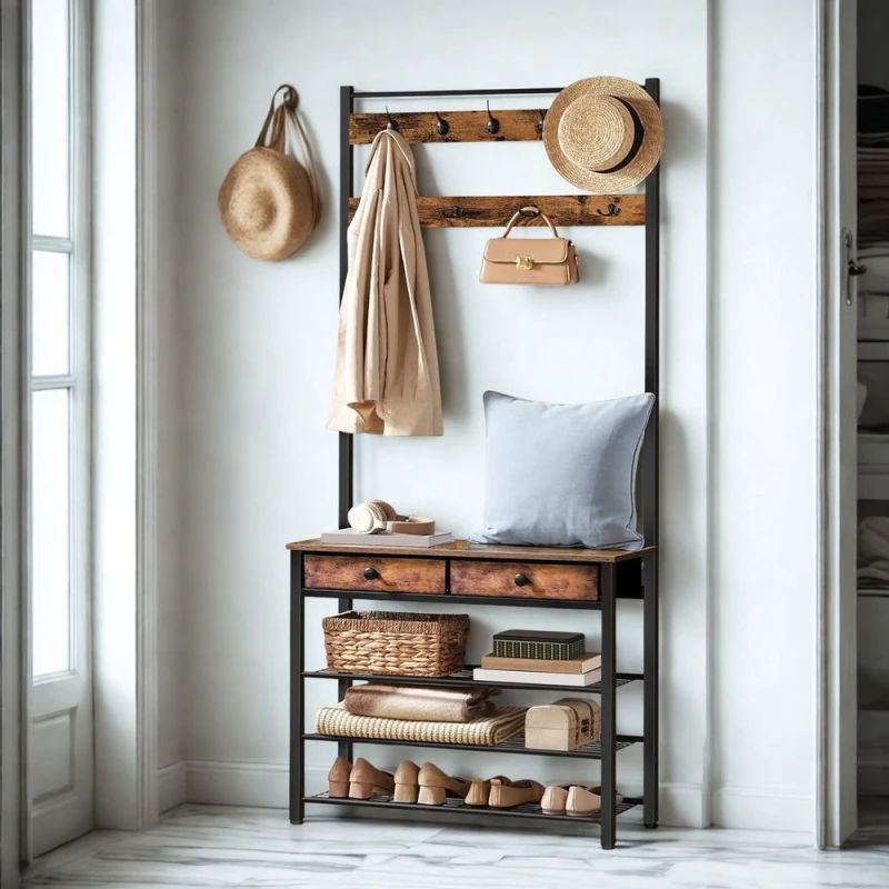 Image of FURNOS Industrial Entryway Hall Tree Coat Rack Stand With Shoe Storage in Brown Brown Unisex