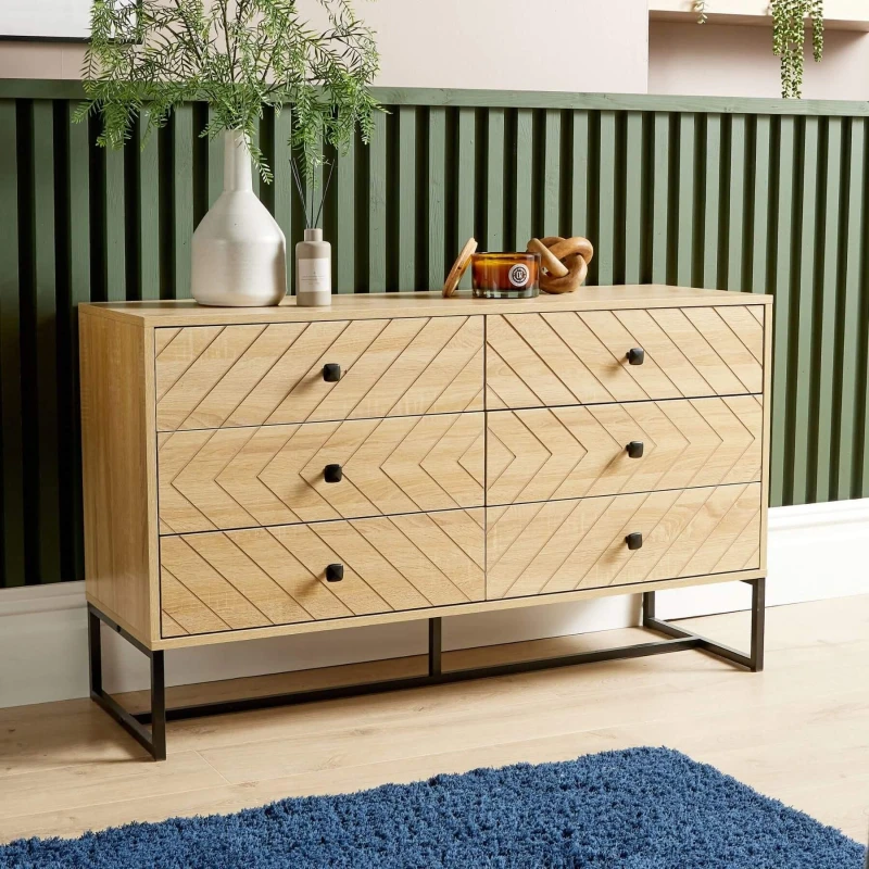 Image of Home Source Aztec 6 Drawer Chest Bedroom Storage Unit Light Oak