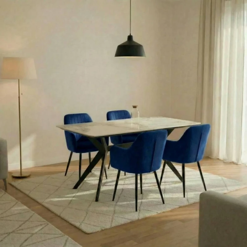 Image of Outdoor Living San Diego Marble Top Dining Table with Charlotte Velvet Chairs - Blue Blue Unisex