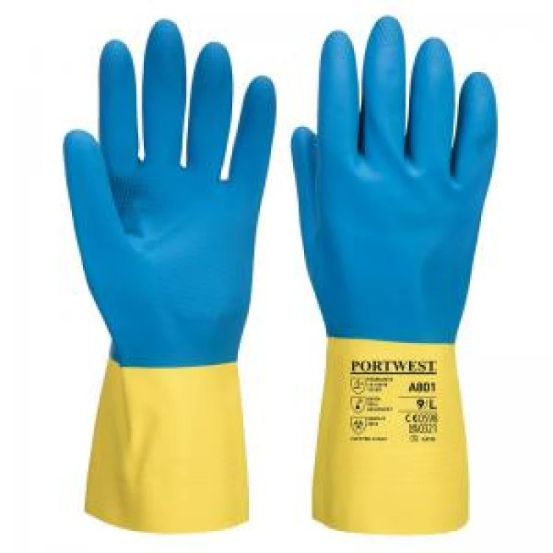 Image of Portwest Double Dipped Latex Gauntlets A801Y4RS Colour: Yellow / Blue