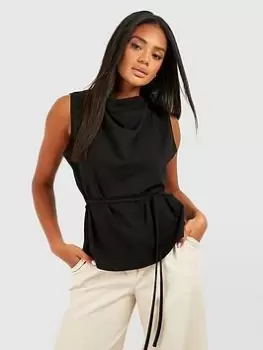 Image of Boohoo Crepe Cowl Neck Belted Blouse - Black, Size 16, Women