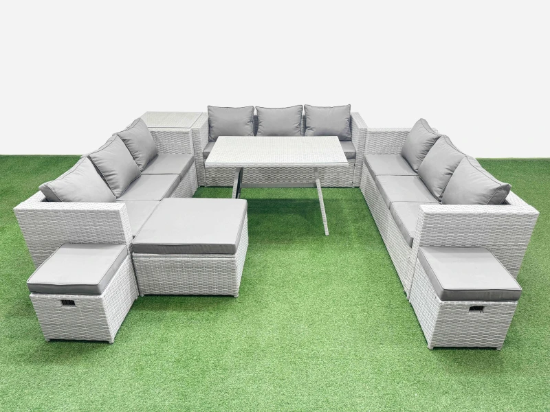 Image of Fimous 12 Seat Patio PE Rattan Garden Furniture with Side Table 3 Stool in Light Grey Light Grey Unisex