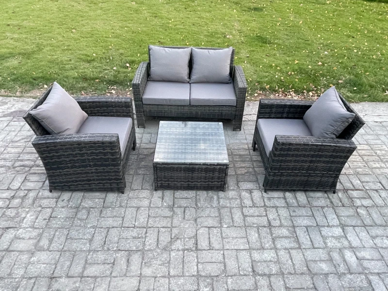 Image of Fimous 4 PCS Outdoor Lounge Sofa Set Wicker PE Rattan Garden Furniture Set with Armchair Squar Coffee Table in Dark Grey Dark Grey Unisex