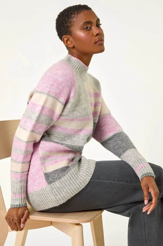 Image of Roman Womens Stripe Colour Block Knitted Jumper in Light Grey Size: 18 Light Grey Female 18