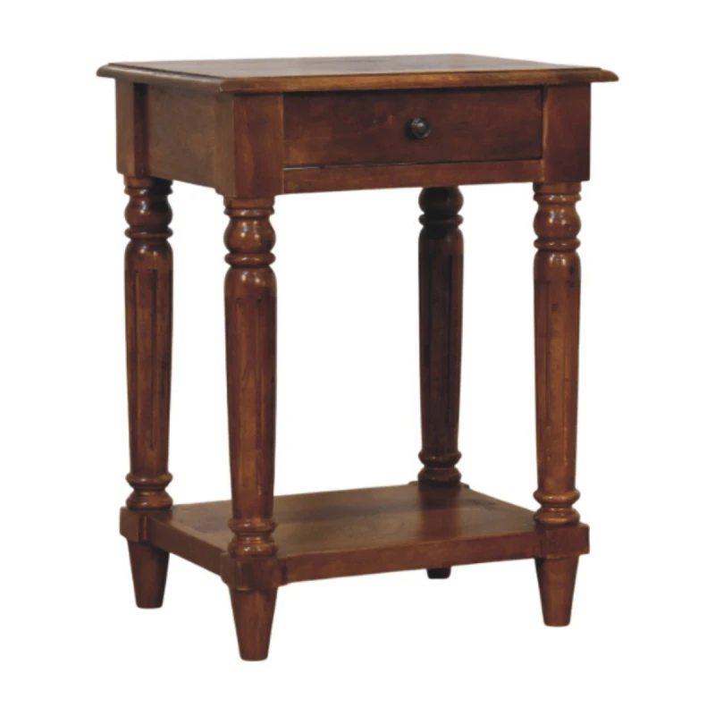 Image of Artisan Furniture Artisan Furniture Solid Wood Turned Legs Chestnut Side Table, 1 Drawer and 1 Lower Shelf, Dark Brown