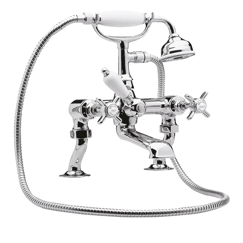 Image of Balterley Kingsey Deck Mounted Bath Shower Mixer Tap, Shower Kit - Chrome/White in Silver Silver Unisex