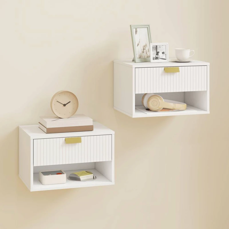 Image of HOMCOM Floating Bedside Tables Set of 2 with Fluted Drawer Open Shelf in White Size: 40cm x 30cm White Unisex 40cm x 30 cm
