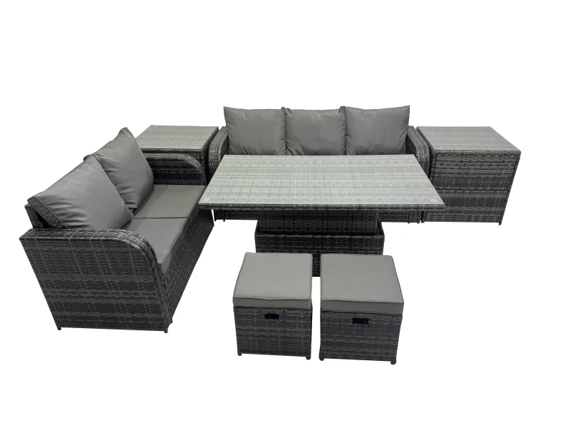 Image of Fimous Rattan Garden Furniture Dining Set 7-seater with 2 Small Footstools in Dark Grey Dark Grey Unisex