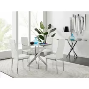 Image of Novara Round Chrome Metal And Glass Dining Table And 4 White Milan Dining Chairs Set - White