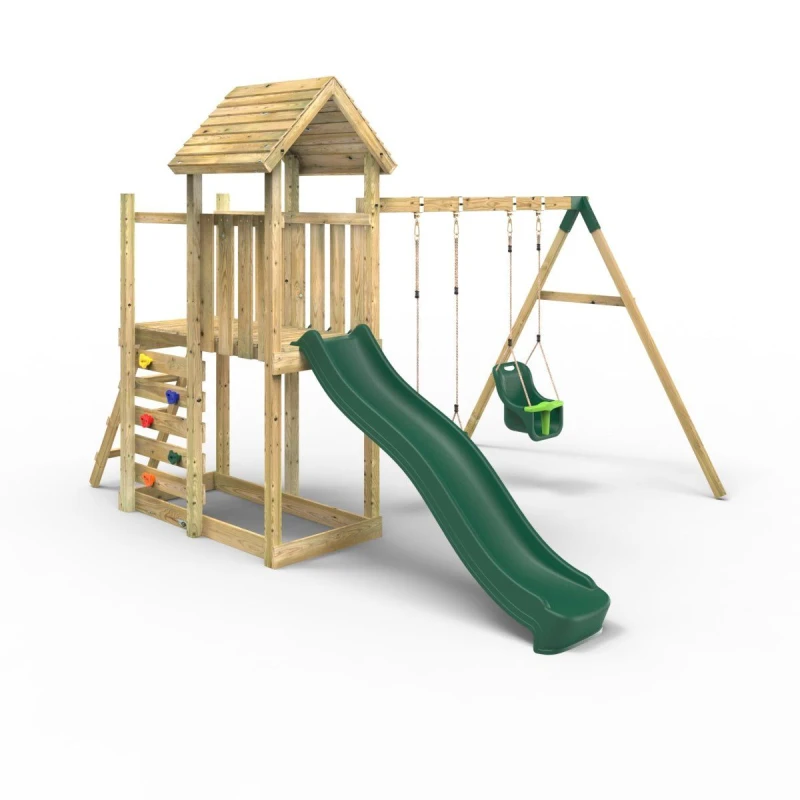 Image of OutdoorToys Extended Tower Garden Wooden Climbing Frame with Swings & Slide for Kids - Rainier in Beige Beige Unisex