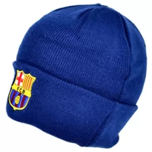 Image of FC Barcelona Official Knitted Winter Football Crest Beanie Hat (One Size) (Navy)
