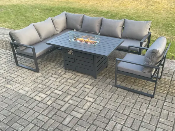 Image of Fimous 7 Seater Outdoor Dark Grey Aluminum Lounge Complete Sofa Set with Gas Fire Pit and Gas Heater Burner
