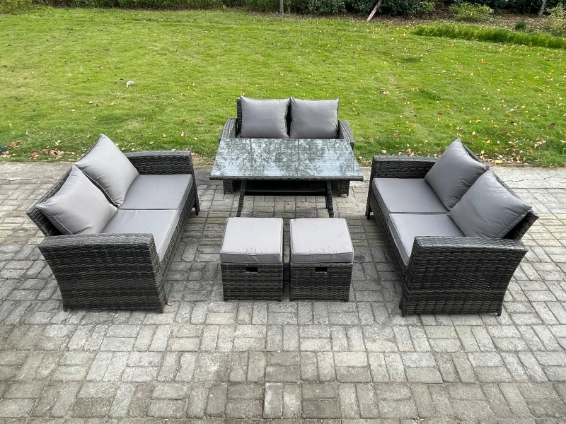 Image of Fimous Outdoor Lounge Sofa Set Wicker PE Rattan Garden Furniture Set with Rectangular Dining Table 2 Seat Sofa in Dark Grey Dark Grey Unisex