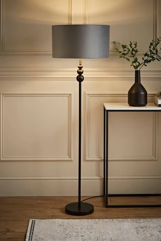 Image of ValueLights ValueLights Marissa Black Stacked Ball Floor Lamp with Grey Velvet with Chrome Inner Shade Grey One Size Unisex 5059406059988