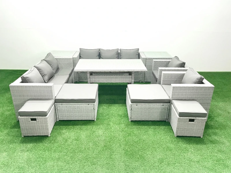 Image of Fimous Rattan Garden Furniture Dining Set 12 Seater Lounge Sofa Chair Dining Table Set with 4 Footstools 2 Side Tables Light Grey Mixed Light Grey