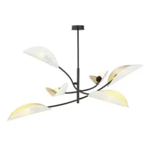 Image of Lotus Black Multi Arm Semi Flush Ceiling light with White, Gold Fabric Shades, 6x E14