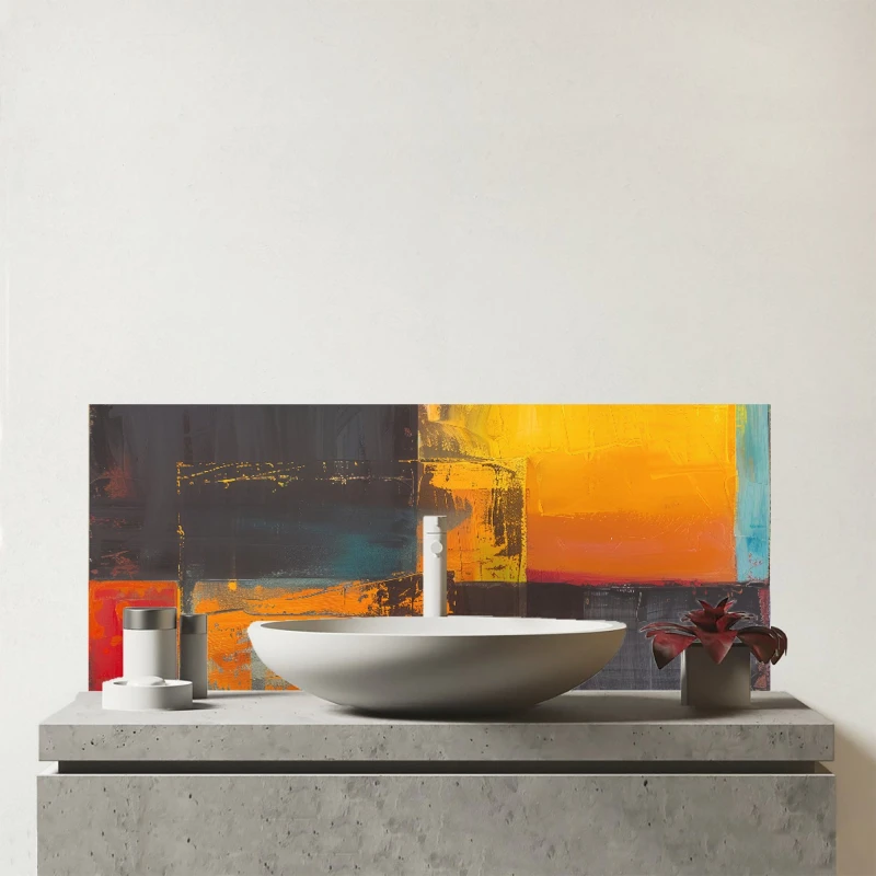 Image of Warren Reed - Designer Golden Blocks Of Abstract Glass Bathroom Splashback Multicolor Unisex