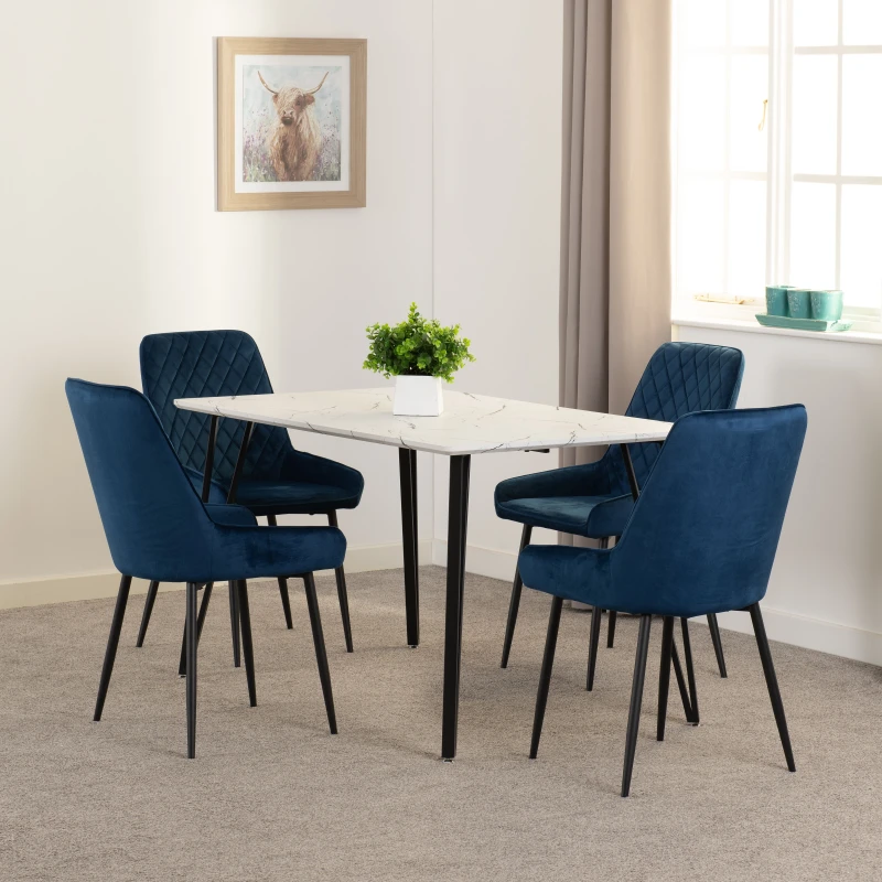 Image of Seconique Marlow & Avery Dining Set (x4 Chairs) - White Marble/Sapphire Blue Velvet, White 400-401-351