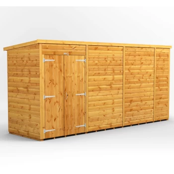 Image of 14x4 Power Windowless Pent Double Door Garden Shed - Brown