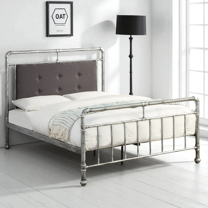 Image of OAT Home Shoreditch Distressed Silver Steel Industrial Scaffold Metal Bed Frame in Metallic Silver Size: Double Metallic Silver Unisex Double