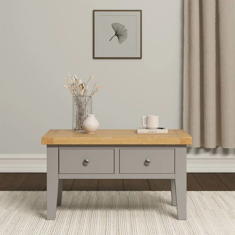 Image of Seconique Windsor Pebble Grey Coffee Table With Oak Top And Drawers Fully Assembled