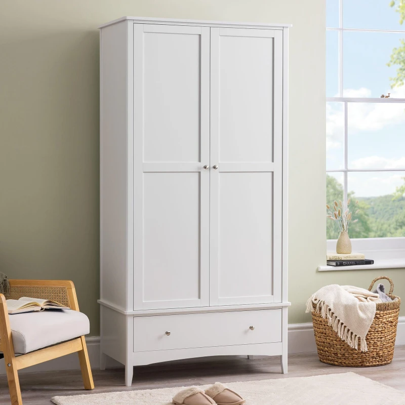 Image of Christow White Double Wardrobe with Drawer 2 Door Bedroom Storage Furniture Cupboard White