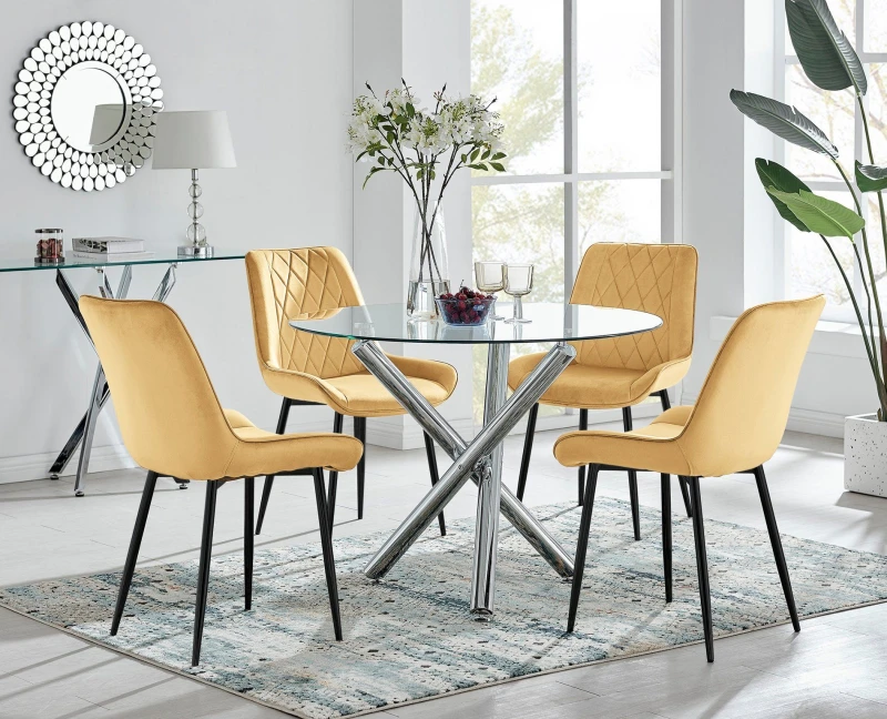 Image of FurnitureboxUK FurnitureboxUK Selina Round Glass Chrome Leg Dining Table and Pesaro Black Leg Chairs in Mustard Size: 2 Person Mustard 2 Person Unis