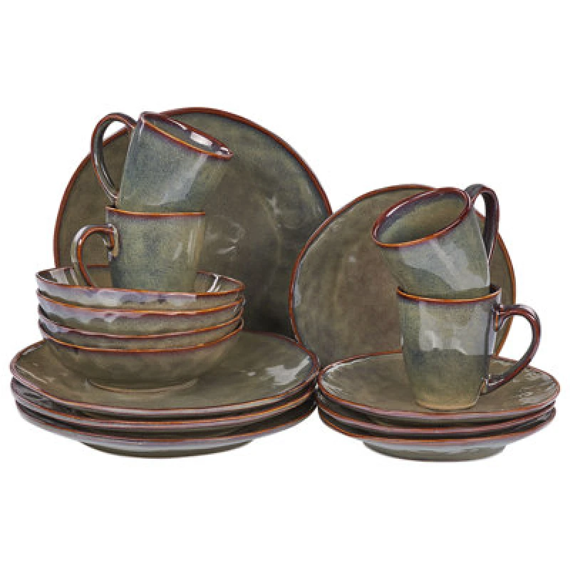 Image of Beliani Set Of 16 Dinnerware Thyme Stoneware Dark Green