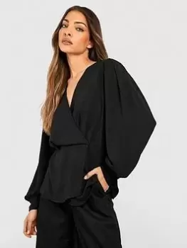 Image of Boohoo Wrap Front Pep Hem Blouse - Black, Size 10, Women