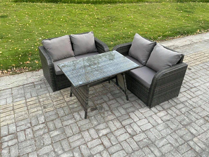 Image of Fimous Outdoor Garden Furniture Sets 3 Pieces Wicker Rattan Furniture Sofa Sets with Rectangular Dining Table Love Sofa Dark Grey