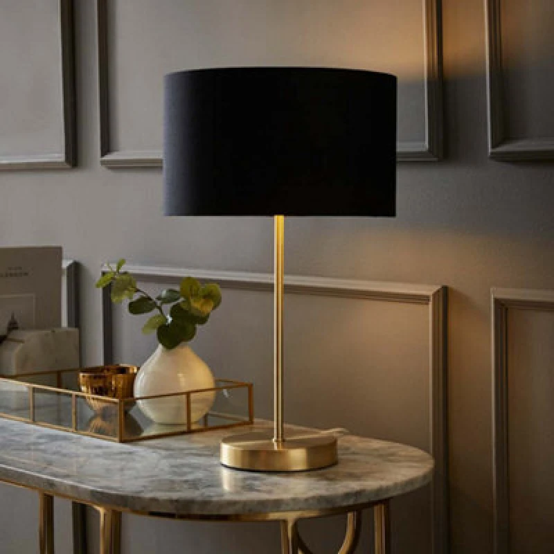 Image of ValueLights ValueLights Charlie Gold Stem Table Lamp with Fabric Drum with Gold Inner Lamp Shade in Black One Size Unisex 5059406060717