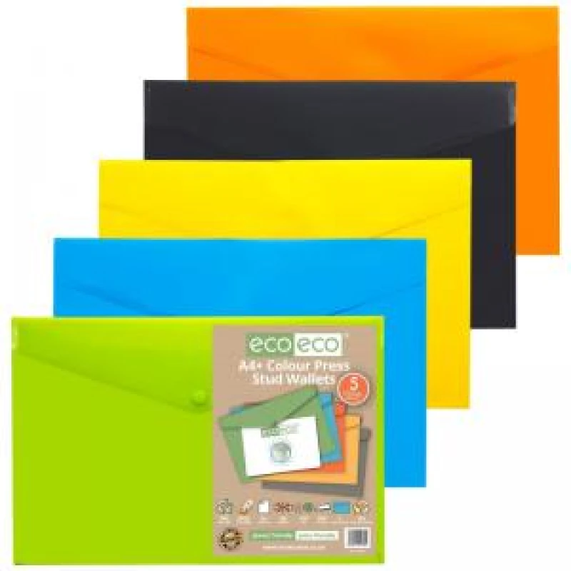 Image of Eco Eco 50% Recycled Colour Press Stud Wallets A4+ Assorted (5 Pack) eco035-S