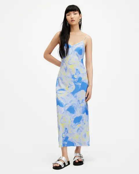 Image of AllSaints Bryony Spiral Print Midi Slip Dress