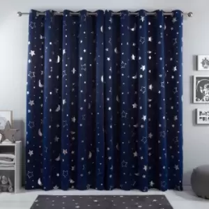 Image of Dreamscene Star Blackout Curtains Pair Eyelet Ready Made Kids Navy - 46" X 72"