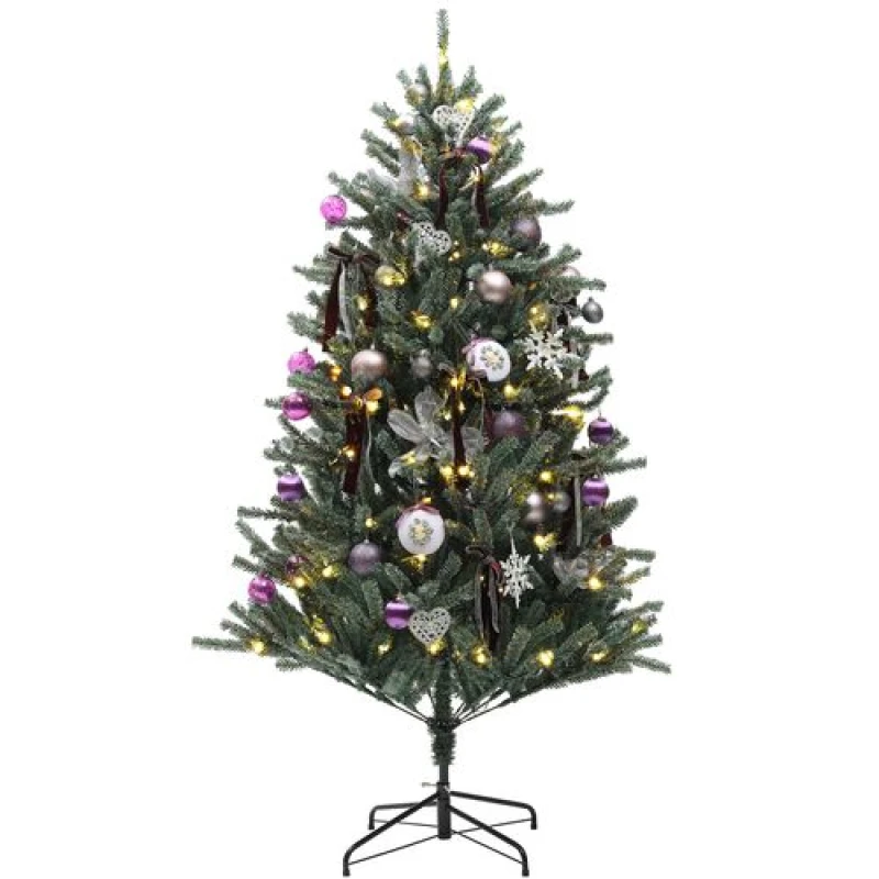 Image of Homcom 5ft Artificial Prelit Christmas Tree W/ LED Lights, Purple Ornaments, Green 830-937V00VT