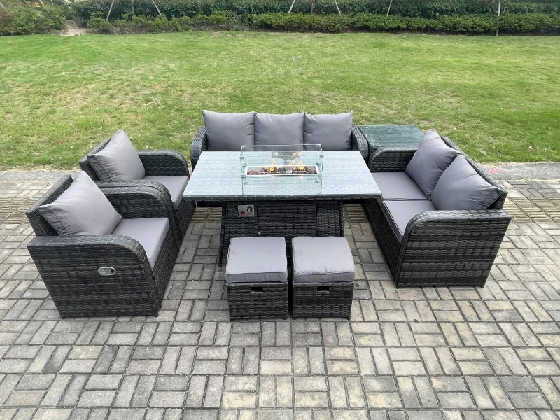 Image of Fimous 9 Seater PE Wicker Outdoor Rattan Garden Furniture Set Propane Gas Fire Pit Table and Sofa Chair set with Side Table 2 Footstools Dark Grey