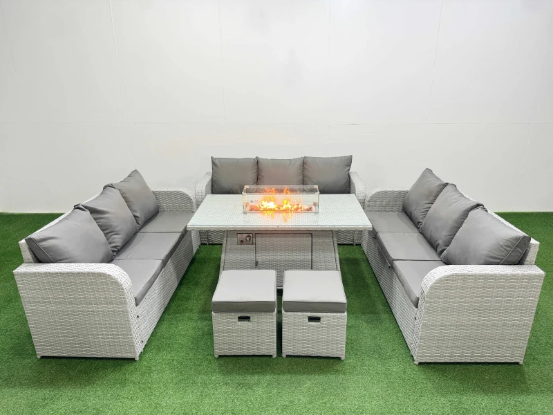 Image of Fimous PE Rattan Lounge Sofa Set 11 Seater Outdoor Garden Furniture Set with Firepit Dining Table 3 Seater Sofa 2 Stools Light Grey Light Grey
