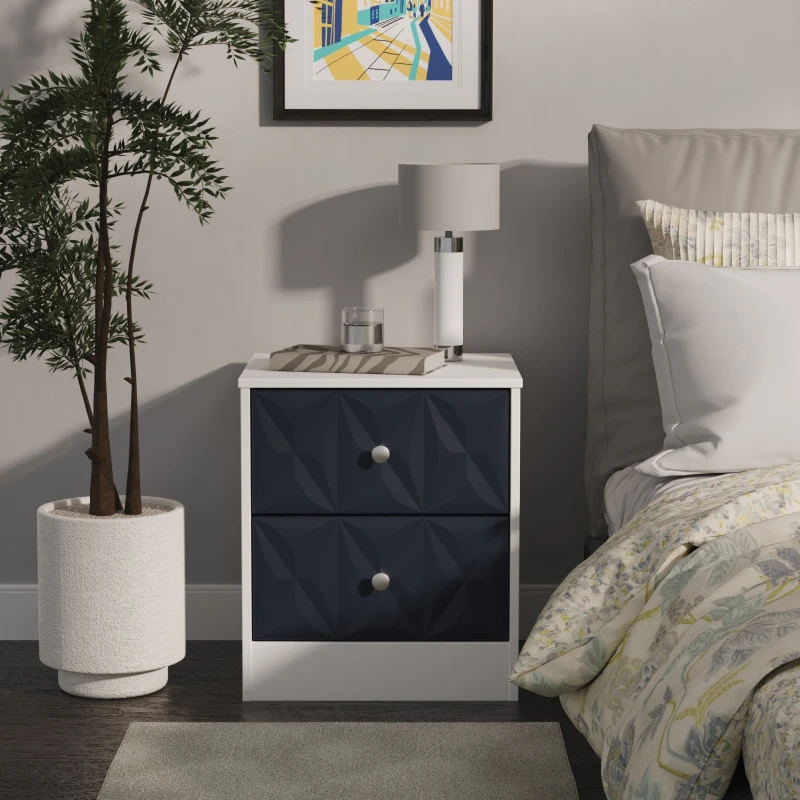 Image of San Jose Ready Assembled Matt Indigo & White 2 Drawer Bedside Chest (H)521mm (W)450mm (D)395mm