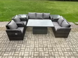 Image of Fimous 7 Seater Outdoor Dark Grey Rattan Lounge Complete Sofa Set with Height Adjustable Dining Table and 2 Side Tables
