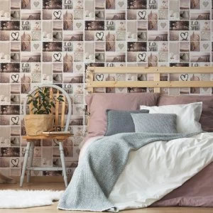 Image of Fresco Natural Hearts and Candles Paulette Geometric Wallpaper