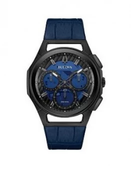 Image of Bulova Curv Blue And Black Detail Chronograph Dial Blue Leather Strap Mens Watch