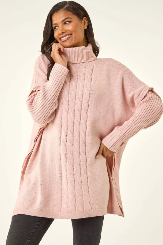 Image of Roman Womens Cable Knit Roll Neck Poncho Jumper in Pink Size: Large/XL Pink Female L/XL