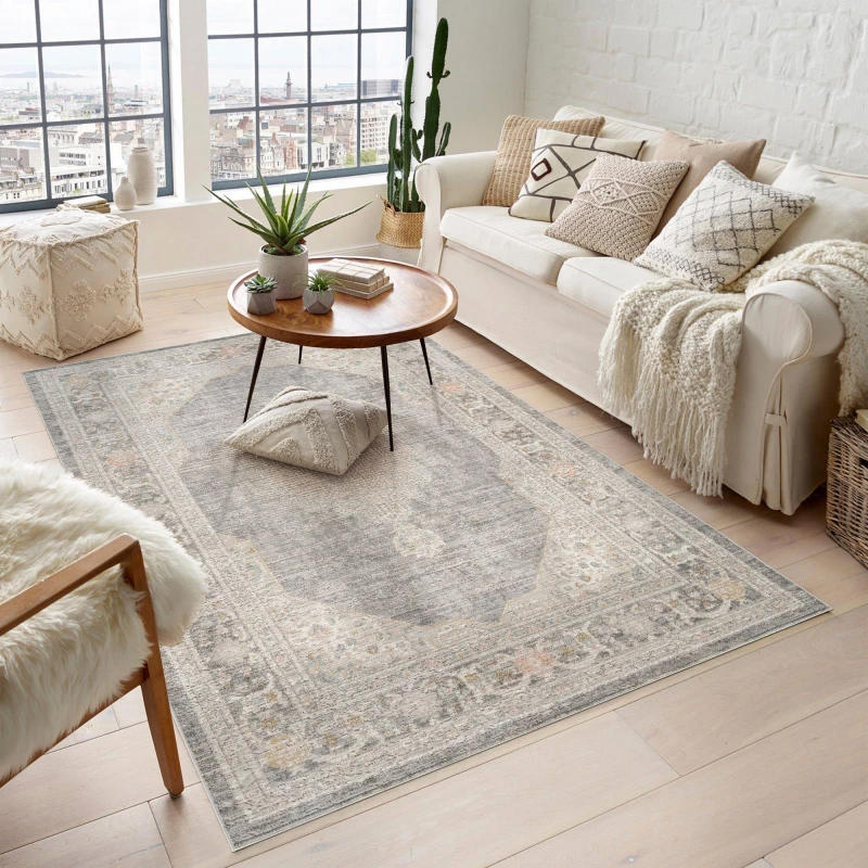 Image of Maia Washable Low Pile Non Slip Orchid Traditional Area Rug - Grey, 200 X 300 Cm (Rectangular)