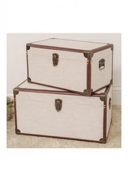 Image of Set Of 2 Linen & Faux Leather Storage Trunks
