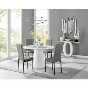 Image of Furniturebox Palma White High Gloss 4 Seat Minimalist Post Modern Round Dining Table & 4 Grey Milan Black Leg Faux Leather Chairs