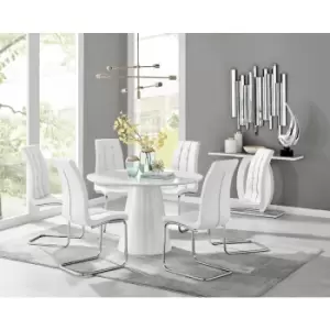 Image of Furniturebox Palma White High Gloss 6 Seat Minimalist Post Modern Round Dining Table & 6 White Murano Faux Leather Chairs