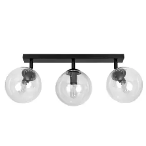 Image of Tofi Black Globe Ceiling Spotlight Bar with Clear Glass Shades, 3x E14