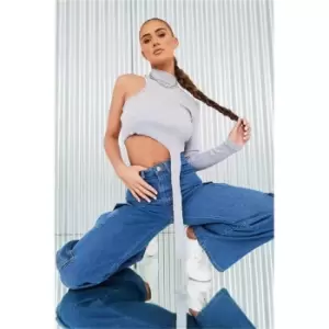 Image of I Saw It First Grey Asymmetric Long Sleeve Raw Hem Crop Top - Grey