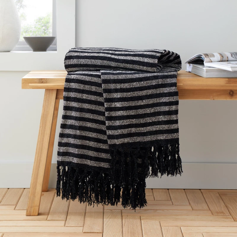 Image of Catherine Lansfield 'Stripe Chenille' Blanket Throw Black